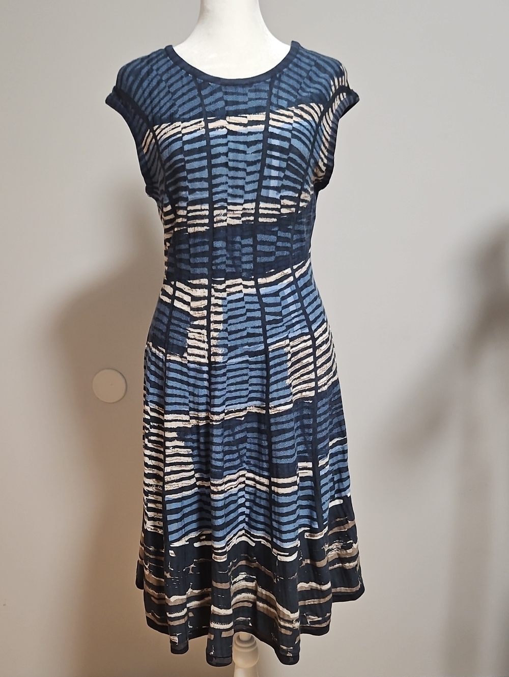 NIC+ZOE Navy, Light Blue and Cream Striped Fit-and-Flare Midi Dress